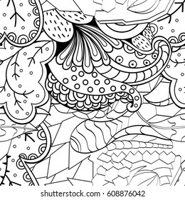 Tracery seamless pattern. Mehndi design. Ethnic monochrome binary doodle texture. Curved doodling black and white background. Vector