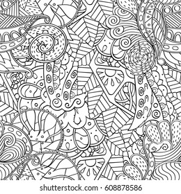 Tracery seamless pattern. Mehndi design. Ethnic monochrome binary doodle texture. Curved doodling black and white background. Vector