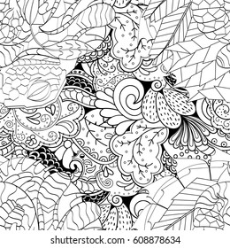 Tracery seamless pattern. Mehndi design. Ethnic monochrome binary doodle texture. Curved doodling black and white background. Vector