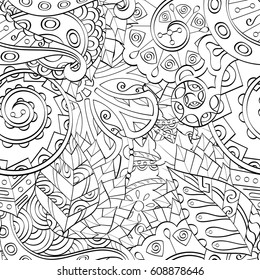 Tracery seamless pattern. Mehndi design. Ethnic monochrome binary doodle texture. Curved doodling black and white background. Vector