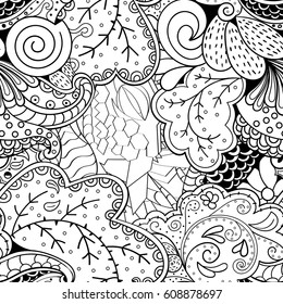Tracery seamless pattern. Mehndi design. Ethnic monochrome binary doodle texture. Curved doodling black and white background. Vector