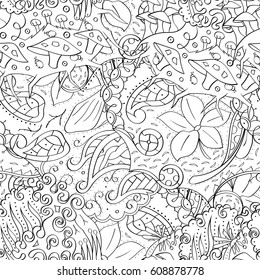 Tracery seamless pattern. Mehndi design. Ethnic monochrome binary doodle texture. Curved doodling black and white background. Vector