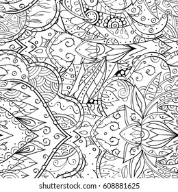 Tracery seamless pattern. Mehndi design. Ethnic monochrome binary doodle texture. Curved doodling black and white background. Vector
