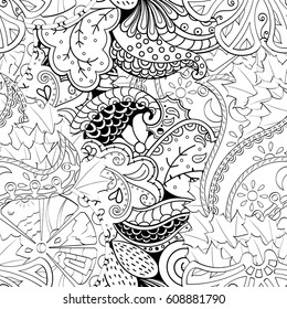 Tracery seamless pattern. Mehndi design. Ethnic monochrome binary doodle texture. Curved doodling black and white background. Vector