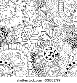 Tracery seamless pattern. Mehndi design. Ethnic monochrome binary doodle texture. Curved doodling black and white background. Vector