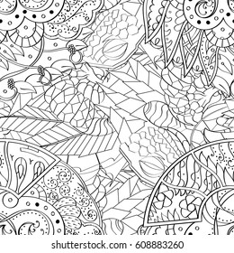 Tracery seamless pattern. Mehndi design. Ethnic monochrome binary doodle texture. Curved doodling black and white background. Vector