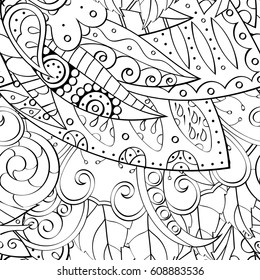 Tracery seamless pattern. Mehndi design. Ethnic monochrome binary doodle texture. Curved doodling black and white background. Vector