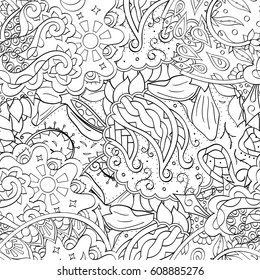 Tracery seamless pattern. Mehndi design. Ethnic monochrome binary doodle texture. Curved doodling black and white background. Vector