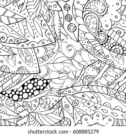 Tracery seamless pattern. Mehndi design. Ethnic monochrome binary doodle texture. Curved doodling black and white background. Vector