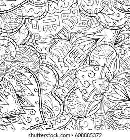 Tracery seamless pattern. Mehndi design. Ethnic monochrome binary doodle texture. Curved doodling black and white background. Vector