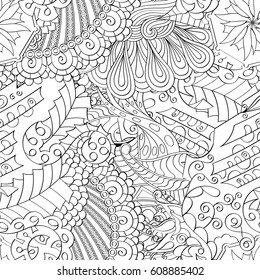 Tracery seamless pattern. Mehndi design. Ethnic monochrome binary doodle texture. Curved doodling black and white background. Vector