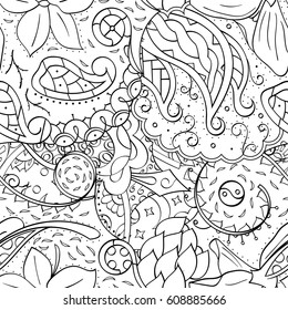 Tracery seamless pattern. Mehndi design. Ethnic monochrome binary doodle texture. Curved doodling black and white background. Vector