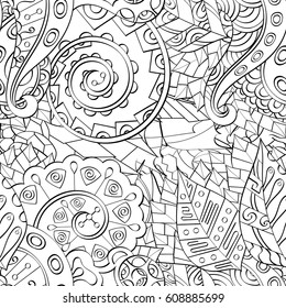 Tracery seamless pattern. Mehndi design. Ethnic monochrome binary doodle texture. Curved doodling black and white background. Vector