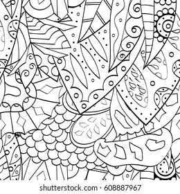 Tracery seamless pattern. Mehndi design. Ethnic monochrome binary doodle texture. Curved doodling black and white background. Vector