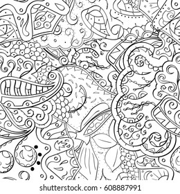 Tracery seamless pattern. Mehndi design. Ethnic monochrome binary doodle texture. Curved doodling black and white background. Vector