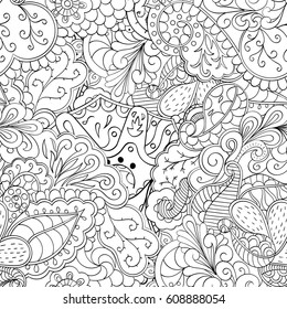 Tracery seamless pattern. Mehndi design. Ethnic monochrome binary doodle texture. Curved doodling black and white background. Vector