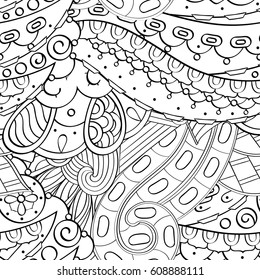 Tracery seamless pattern. Mehndi design. Ethnic monochrome binary doodle texture. Curved doodling black and white background. Vector