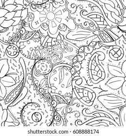 Tracery seamless pattern. Mehndi design. Ethnic monochrome binary doodle texture. Curved doodling black and white background. Vector