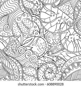 Tracery seamless pattern. Mehndi design. Ethnic monochrome binary doodle texture. Curved doodling black and white background. Vector