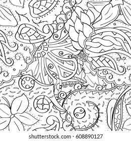 Tracery seamless pattern. Mehndi design. Ethnic monochrome binary doodle texture. Curved doodling black and white background. Vector
