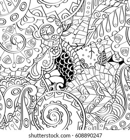 Tracery seamless pattern. Mehndi design. Ethnic monochrome binary doodle texture. Curved doodling black and white background. Vector