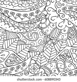 Tracery seamless pattern. Mehndi design. Ethnic monochrome binary doodle texture. Curved doodling black and white background. Vector