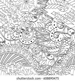Tracery seamless pattern. Mehndi design. Ethnic monochrome binary doodle texture. Curved doodling black and white background. Vector