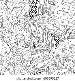 Tracery seamless pattern. Mehndi design. Ethnic monochrome binary doodle texture. Curved doodling black and white background. Vector