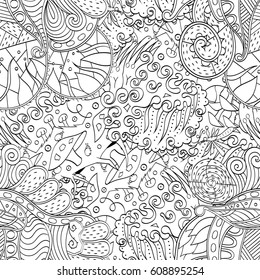 Tracery seamless pattern. Mehndi design. Ethnic monochrome binary doodle texture. Curved doodling black and white background. Vector