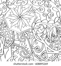 Tracery seamless pattern. Mehndi design. Ethnic monochrome binary doodle texture. Curved doodling black and white background. Vector