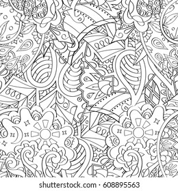 Tracery seamless pattern. Mehndi design. Ethnic monochrome binary doodle texture. Curved doodling black and white background. Vector