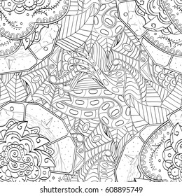 Tracery seamless pattern. Mehndi design. Ethnic monochrome binary doodle texture. Curved doodling black and white background. Vector