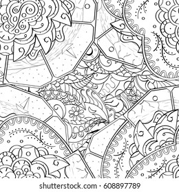 Tracery seamless pattern. Mehndi design. Ethnic monochrome binary doodle texture. Curved doodling black and white background. Vector