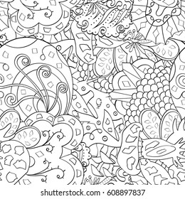 Tracery seamless pattern. Mehndi design. Ethnic monochrome binary doodle texture. Curved doodling black and white background. Vector