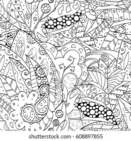 Tracery seamless pattern. Mehndi design. Ethnic monochrome binary doodle texture. Curved doodling black and white background. Vector