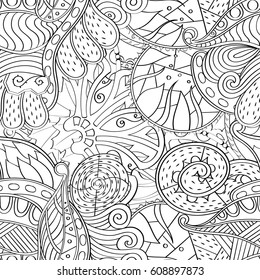 Tracery seamless pattern. Mehndi design. Ethnic monochrome binary doodle texture. Curved doodling black and white background. Vector
