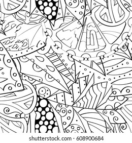 Tracery seamless pattern. Mehndi design. Ethnic monochrome binary doodle texture. Curved doodling black and white background. Vector