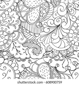 Tracery seamless pattern. Mehndi design. Ethnic monochrome binary doodle texture. Curved doodling black and white background. Vector