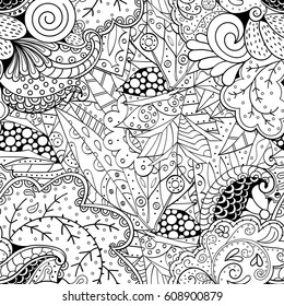 Tracery seamless pattern. Mehndi design. Ethnic monochrome binary doodle texture. Curved doodling black and white background. Vector