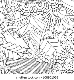 Tracery seamless pattern. Mehndi design. Ethnic monochrome binary doodle texture. Curved doodling black and white background. Vector