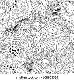 Tracery seamless pattern. Mehndi design. Ethnic monochrome binary doodle texture. Curved doodling black and white background. Vector