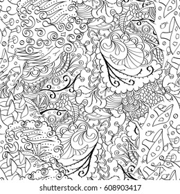 Tracery seamless pattern. Mehndi design. Ethnic monochrome binary doodle texture. Curved doodling black and white background. Vector