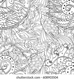 Tracery seamless pattern. Mehndi design. Ethnic monochrome binary doodle texture. Curved doodling black and white background. Vector