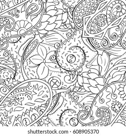 Tracery seamless pattern. Mehndi design. Ethnic monochrome binary doodle texture. Curved doodling black and white background. Vector