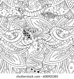 Tracery seamless pattern. Mehndi design. Ethnic monochrome binary doodle texture. Curved doodling black and white background. Vector