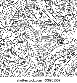 Tracery seamless pattern. Mehndi design. Ethnic monochrome binary doodle texture. Curved doodling black and white background. Vector