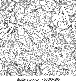 Tracery seamless pattern. Mehndi design. Ethnic monochrome binary doodle texture. Curved doodling black and white background. Vector