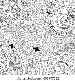 Tracery seamless pattern. Mehndi design. Ethnic monochrome binary doodle texture. Curved doodling black and white background. Vector