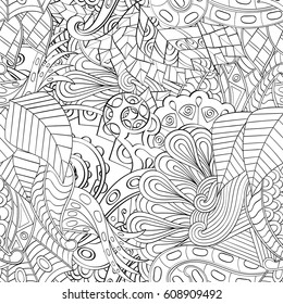 Tracery seamless pattern. Mehndi design. Ethnic monochrome binary doodle texture. Curved doodling black and white background. Vector