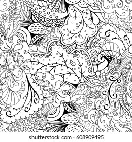 Tracery seamless pattern. Mehndi design. Ethnic monochrome binary doodle texture. Curved doodling black and white background. Vector